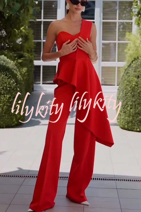 Amena One Shoulder Sweetheart Neck Ruffle Hem Top and Elastic Waist Pocket Wide Leg Pants Set