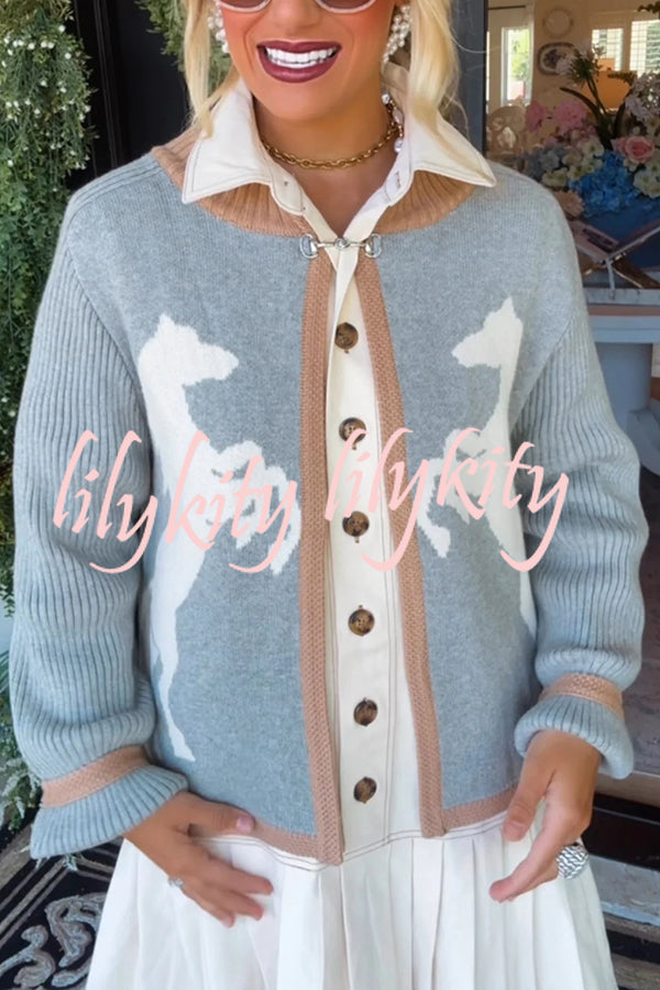 Stylish White Horse Pattern Casual Long-sleeved Knitted Cardigan