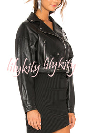 Fashion Lapel Long Sleeve Casual Zipper Pocket Leather Jacket