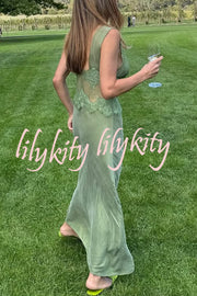 Wonderful Fusion Satin Lace Trim See-through Waist V-neck Drape Maxi Dress