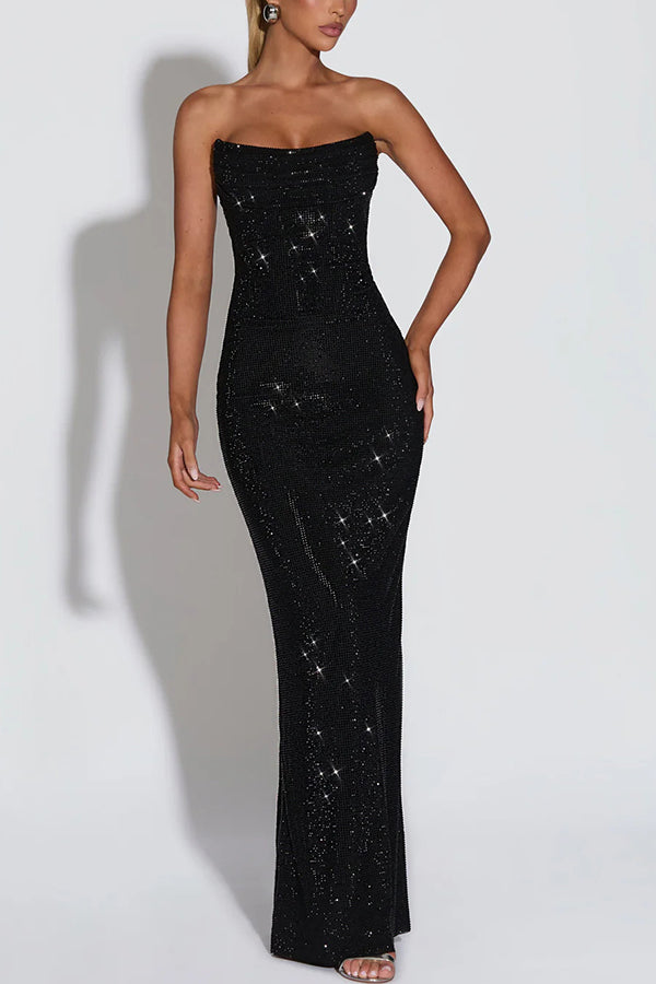 Mirabella Sequin Pleated Cowl Scooped Neckline Back Lace-up Strapless Maxi Dress