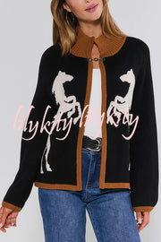 Stylish White Horse Pattern Casual Long-sleeved Knitted Cardigan