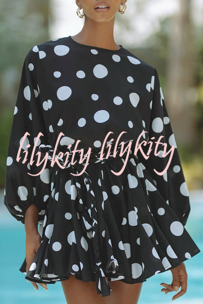 Breezy Chic Polka Dot Balloon Sleeve Tie-up Pleated Loose Mini Dress