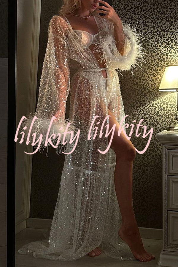 Fashionable Sequined Feather Long-sleeved Vacation Loose Extra-long Sun Protection Cover-up