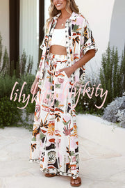 Holiday Style Holiday Print Casual Short-sleeved Shirt and Elastic Waist Loose Pocket Wide-leg Pants Set