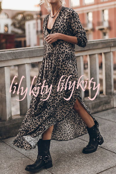 Minimal and Chic Leopard Print Long Sleeve A-line Slit Flowy Maxi Dress