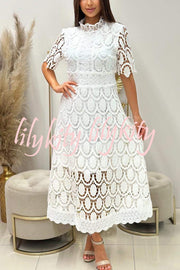 Elegant Crocheted Cutout Lace Short-sleeved Stand-collar Midi Dress