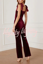 Merlot Sippin' Velvet Shoulder Tie Flare Stretch Jumpsuit