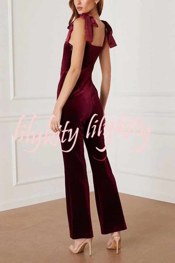 Merlot Sippin' Velvet Shoulder Tie Flare Stretch Jumpsuit