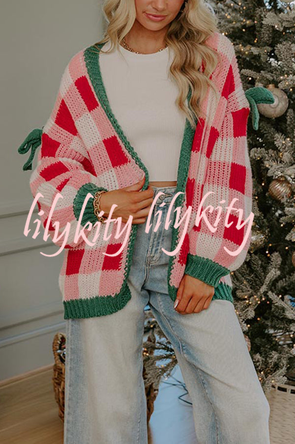 Holiday Cozy Checkered Knit Color-blocked Plaid Bow Long-sleeved Cardigan