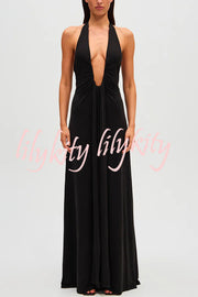 Sexy Silhouette Deep U-neck Halter Waterfall Sash Drape Maxi Dress