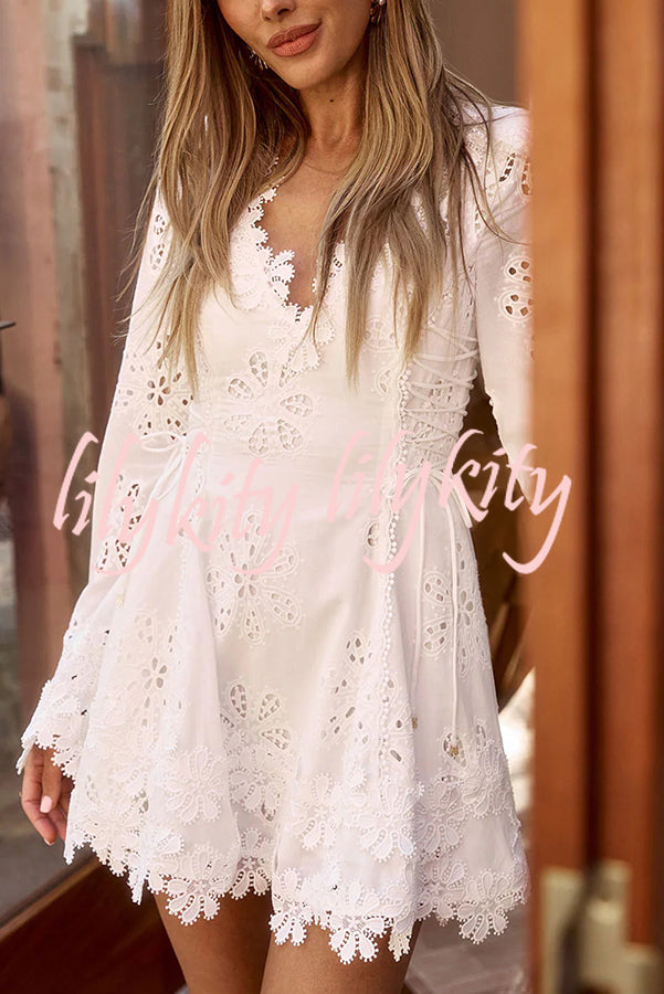 Diaz Embroidery Hollow Fabric Delicate Flower Trim Long Sleeve Side Lace-up Mini Dress
