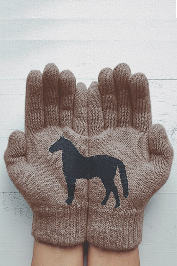 Printed Knitted Gloves Short Thickened Warm Finger Gloves-Dark Horse