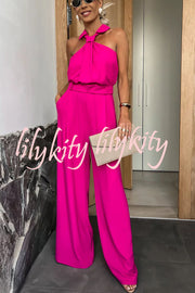 Fashionable Unique Look Halter Shirt Collar Pocketed Wide Leg Jumpsuit