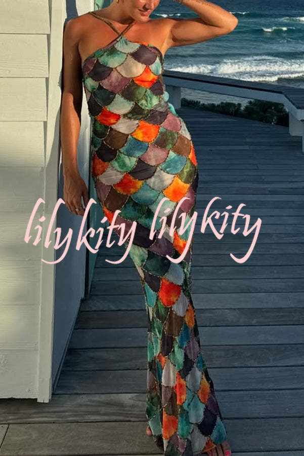 Little Mermaid Colorful Scales Print Halter Maxi Dress