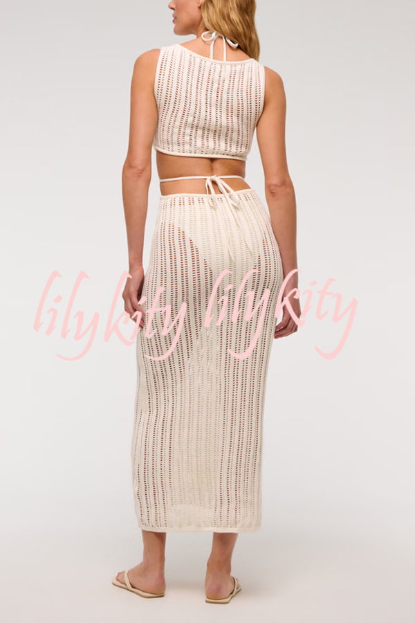 Beach Day Crochet Knit Cutout Waist Coverup Stretch Maxi Dress