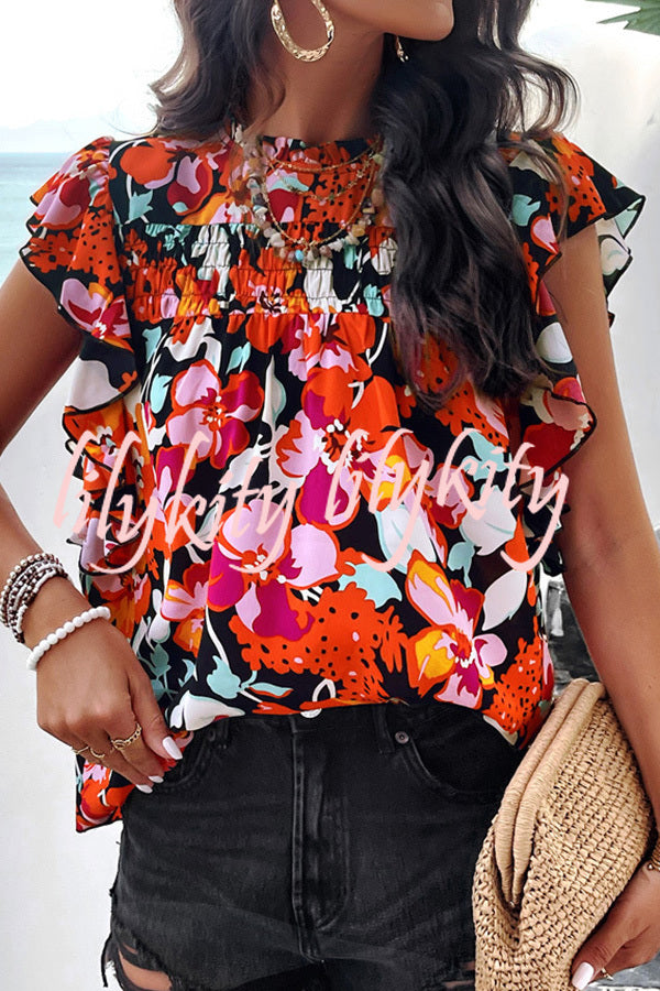 Floral Print Pleated Crew Neck Pullover Top