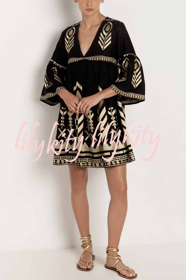 Unique Gold Printed V-neck Bell Sleeve Mini Dress