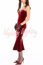 Althea Velvet Sweetheart Neck Bow Strap Fishtail Hem Stretch Midi Dress