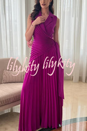 Solid Color Lapel Sleeveless Waist Tie Pleated Wide-leg Jumpsuit