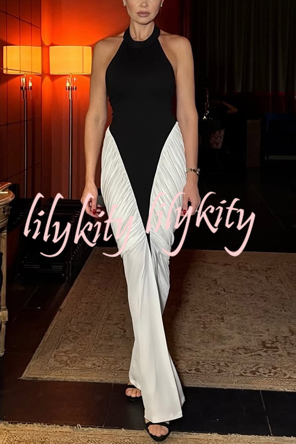 Fashionable Contrast Color Open Back Side Pleated Draped Maxi Dress