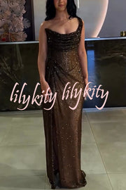 Glitzy Gala Sequin One Shoulder Ruched Slit Maxi Dress