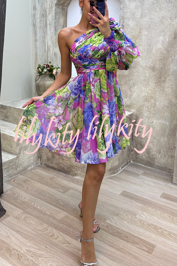 Vivid Visions Floral Print Pleated One Shoulder Sleeve Swing Mini Dress