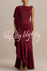 Freya Satin Boat Neck Waterfall Frill Sleeve Drape Maxi Dress