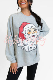 Christmas Cartoon Santa Claus Print Long Sleeve Loose Sweatshirt