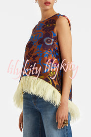 Emina Floral Feather Trim Trapezoidal Silhouette Asymmetrical Hem Top