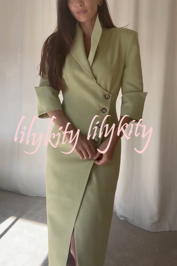 Elegant Look Linen Blend Stand Lapel Neck Half Sleeve Side Button Midi Dress