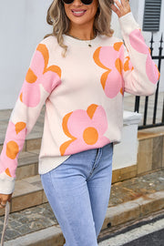 Fashionable Round Neck Long Sleeve Knitted Flowers Sweater