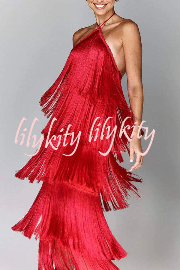 Sexy Halterneck Backless Elegant Fringe Maxi Dress