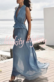 Pure Lightness Chiffon Pleated Halter Backless Top and Elastic Waist A-line Maxi Skirt Set