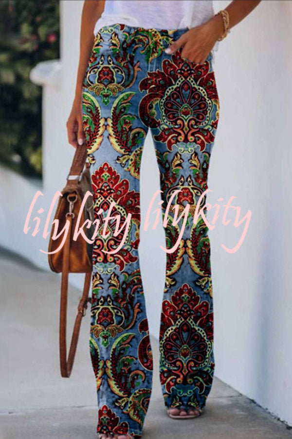 On A Drive Printed Faux Denim High Rise Flare Pants