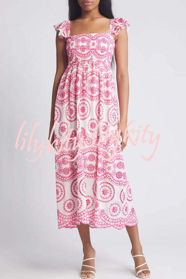 Darling & Dainty Embroidery Style Unique Print Smocked Midi Dress