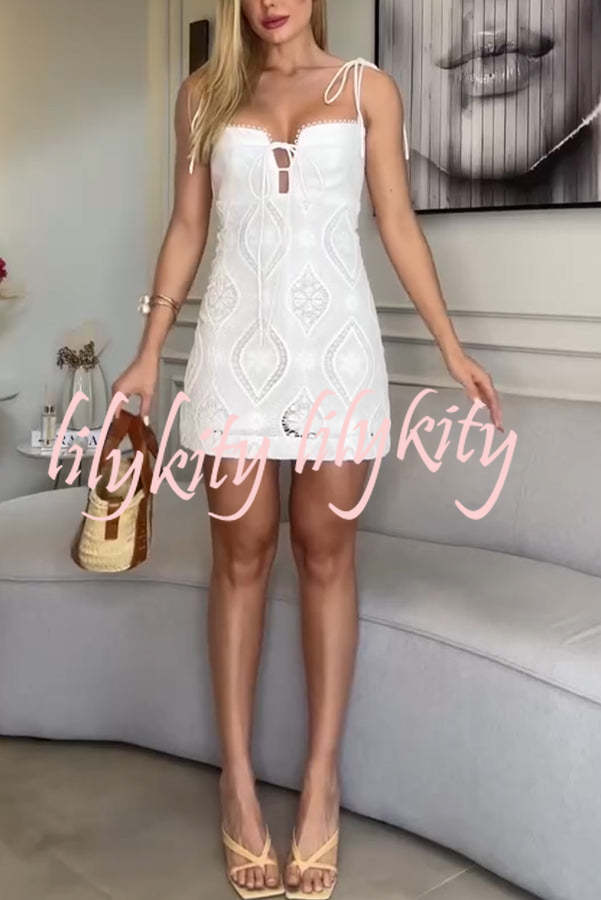 Truest Sweetheart Unique Lace Pattern Tie-up Detail Back Elastic Mini Dress