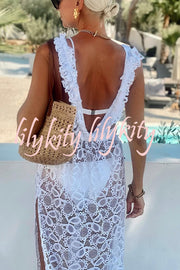 Swimsuit Partner Floral Lace Elastic Waist Back Ruffles Slit Vacation Dress