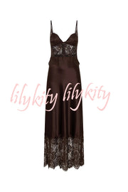 Elegant Evening Satin Lace Patchwork See-through Waist Slip Maxi Dress