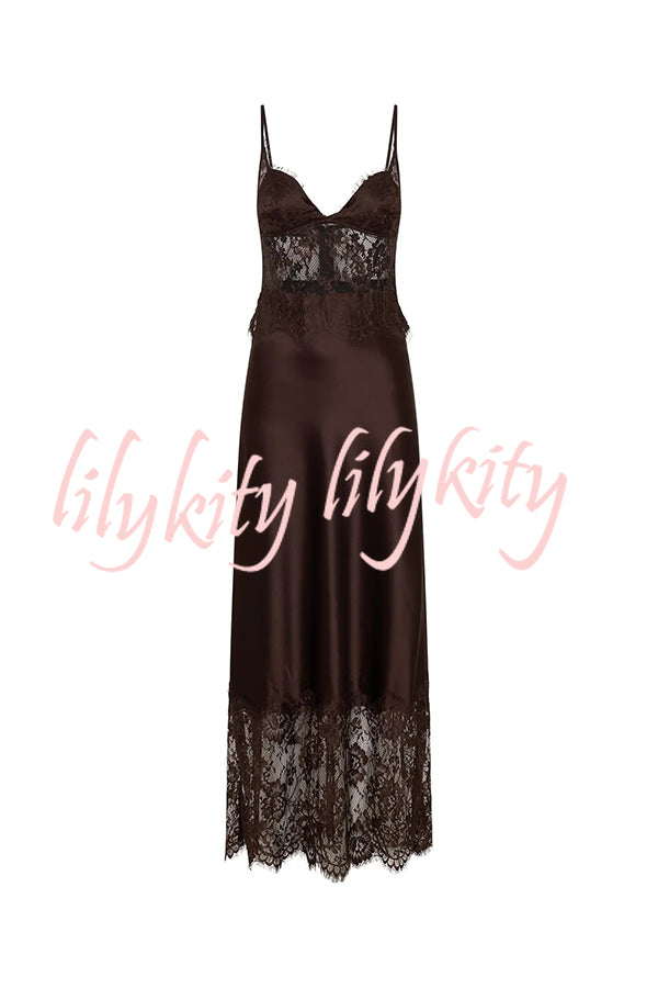 Elegant Evening Satin Lace Patchwork See-through Waist Slip Maxi Dress