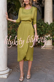Satin Solid Color Round Neck Half Sleeve Waist Midi Dress