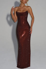 Mirabella Sequin Pleated Cowl Scooped Neckline Back Lace-up Strapless Maxi Dress