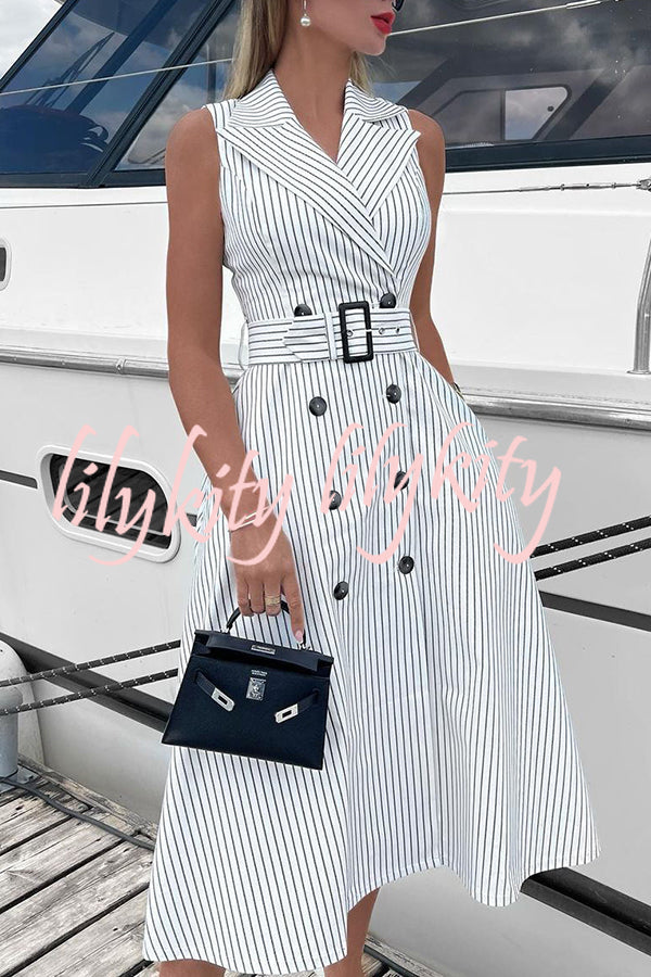 Fashion Casual Striped Button Belt Midi Dress