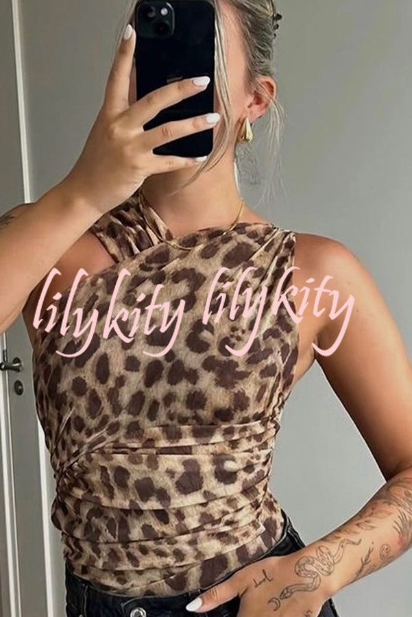 Absolute Trend Mesh Leopard Asymmetric Ruched Stretch Bodysuit