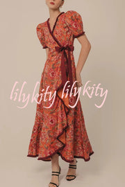 Bohemian Floral Print Elegant Puff Sleeve Holiday Maxi Dress