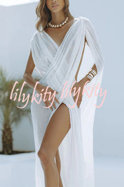 Enjoy Your Vacation Linen Blend Ruched Shoulder Drape Loose Cover Up Maxi Dress