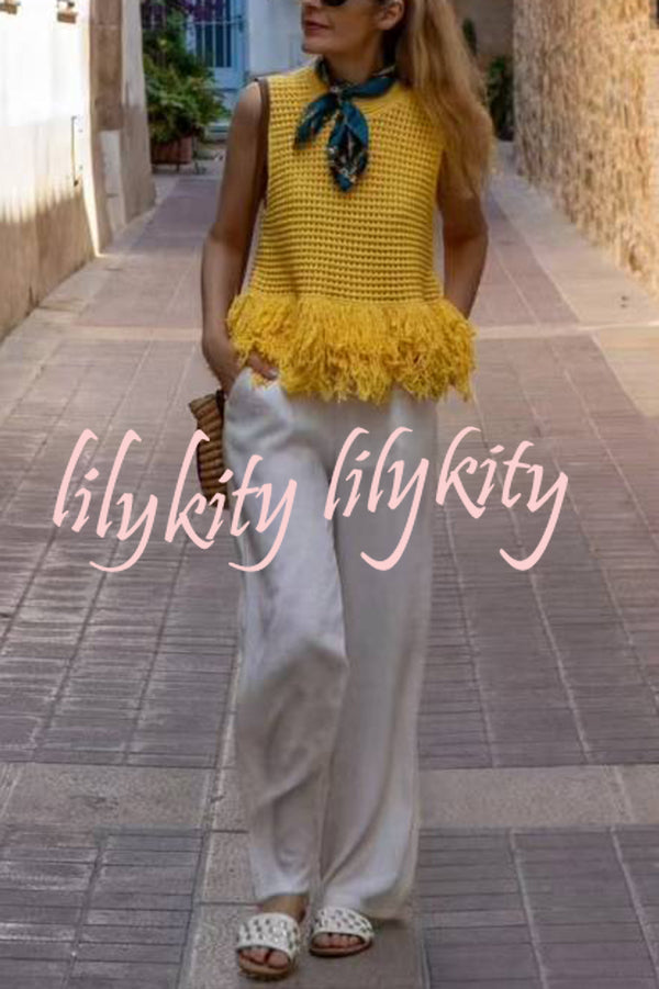 Solid Color Round Neck Sleeveless Hollow Tassel Loose Vest
