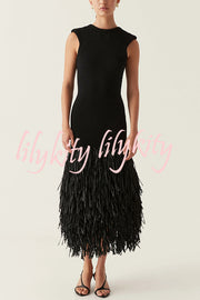 Christie Ribbed Patchwork Tiered Fringed Hem Zipper Backless Maxi Dress