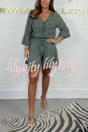 Emilee Lace Tie Neck Bell Sleeve Top and Elastic Waist Loose Shorts Set