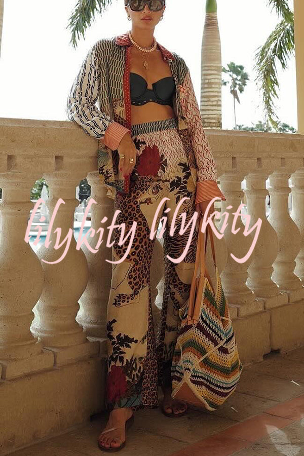 Tropical Jungle Tiger Unique Print Long Sleeve Loose Shirt and Elastic Waist Pants Set